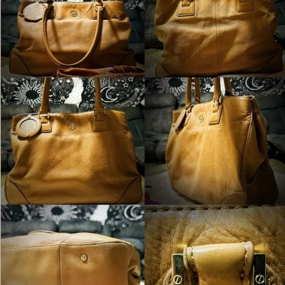 Tory Burch Tan Leather Tote with orange gold cherry keychain Charm - Picture 17 of 17